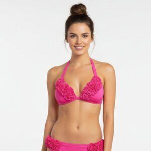Kenneth Cole Hot Pink Ruffle Padded Swim Bikini Bathing Suit Top NEW M